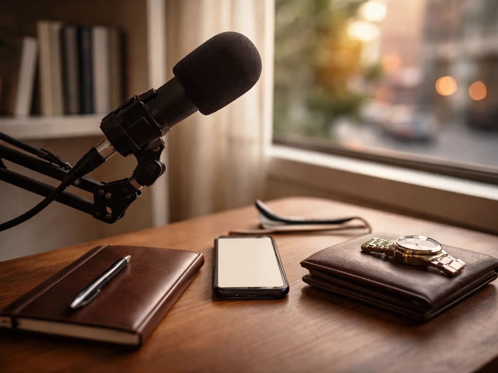Minimal media-studio desk with microphone and phone, symbolizing entrepreneur content creation and wealth.