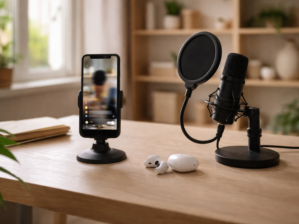 Minimal creator studio desk with phone and microphone, symbolizing social-media monetization and entrepreneurship.
