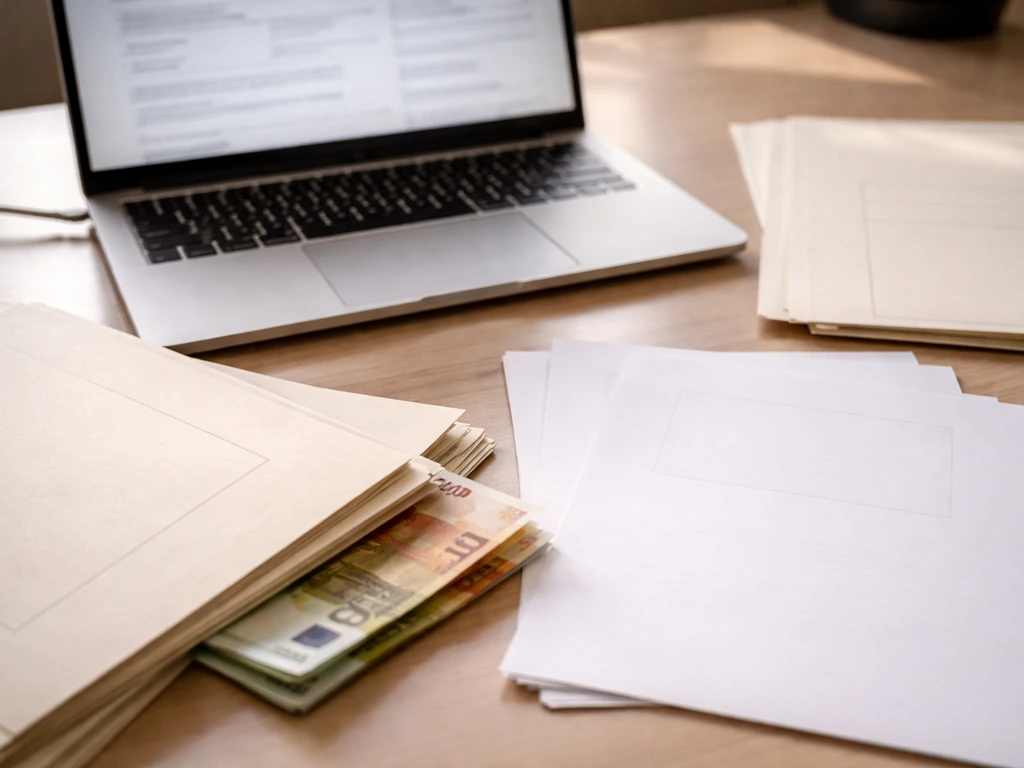Minimal photo of an anonymous desk setup with blurred Italian business registry documents and a laptop.