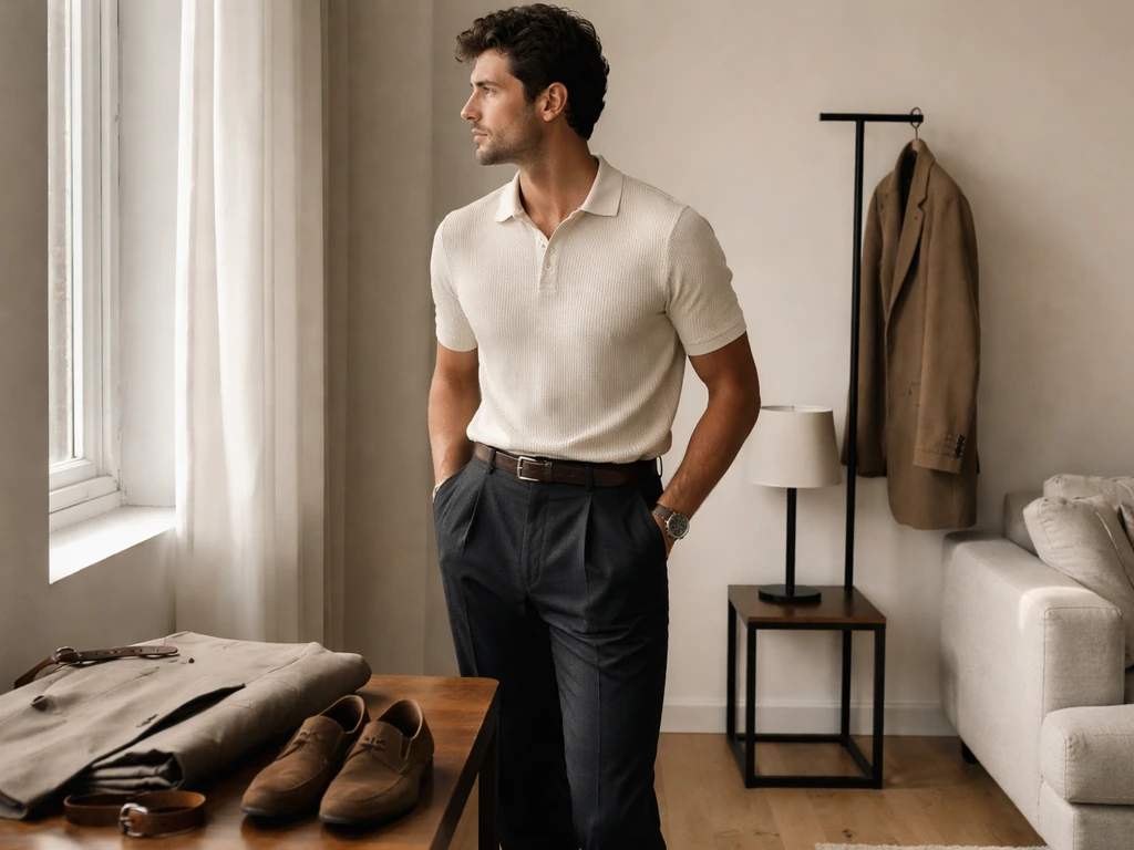 Italian menswear lifestyle scene with a neatly dressed man and tailored clothing in a bright home setting