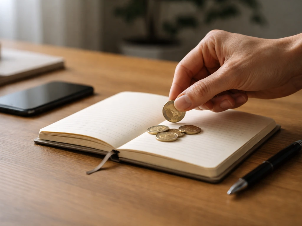 Minimal photo of a hand placing a single Euro coin into a small open notebook on a desk