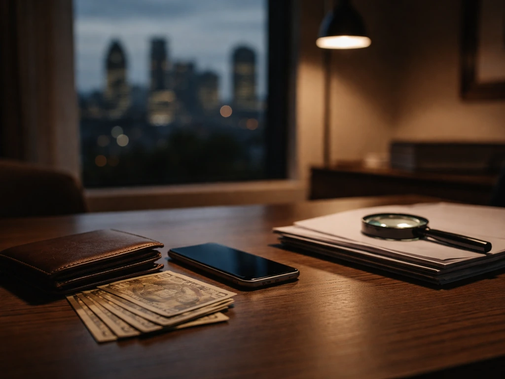 Close-up of a wallet and scattered cash on a desk beside a smartphone, suggesting wealth estimates and media scrutiny
