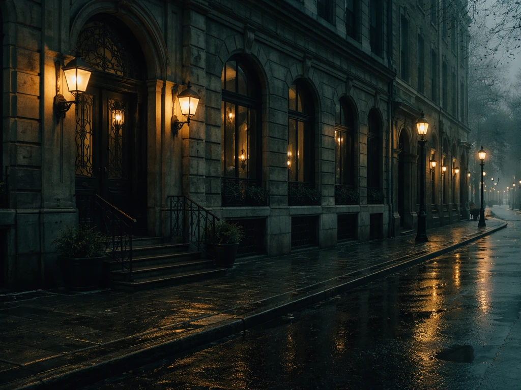 Moody noir scene of an old Montreal street at dusk with a faded historic stone facade