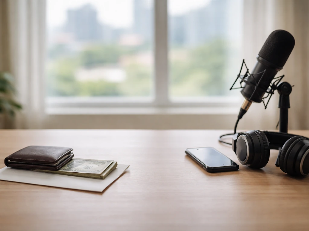 Minimal photo of a tidy desk with a calculator and cash envelope beside a windowed city view