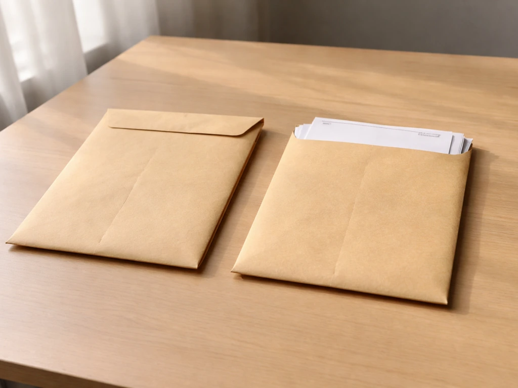 Minimal close-up of two unlabeled envelopes on a desk, one slightly open, suggesting verified vs rumor.