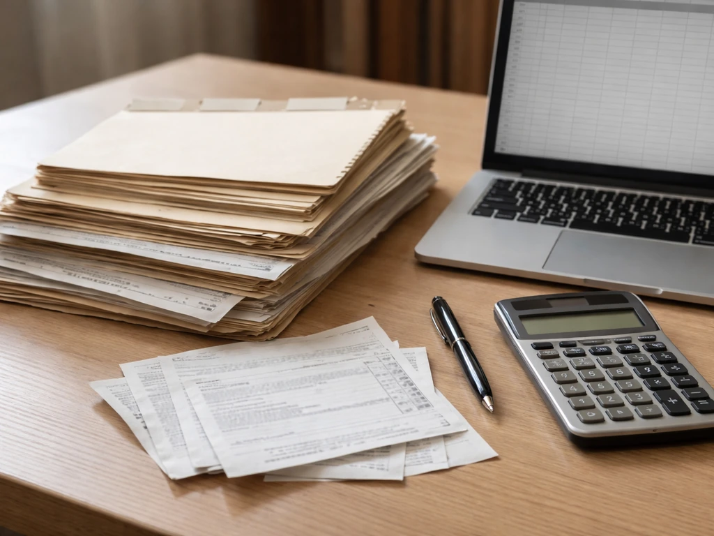 Minimal desk scene showing layered documents and a calculator beside a laptop, symbolizing net-worth estimate methodolog