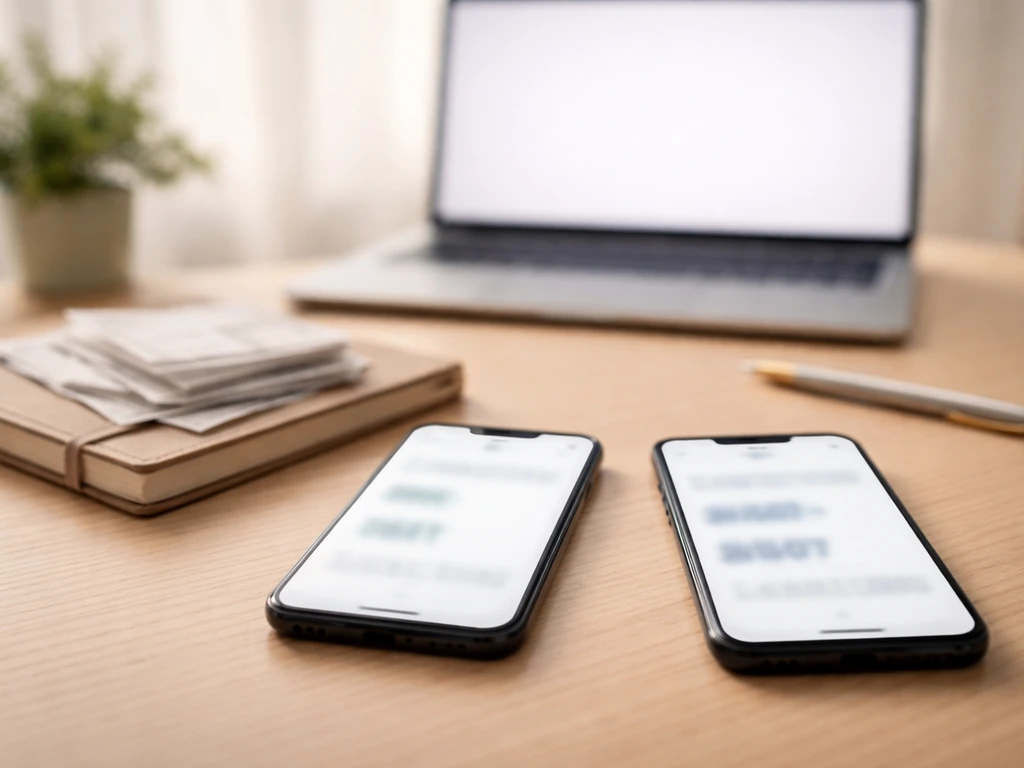Minimal desk scene with two phones and blurred screens suggesting differing financial figures from websites.