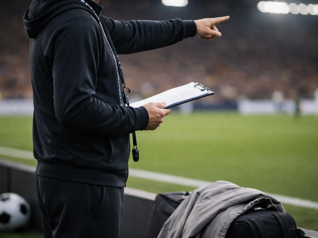 Football touchline scene with a coaching clipboard, symbolizing coaching earnings and wealth drivers