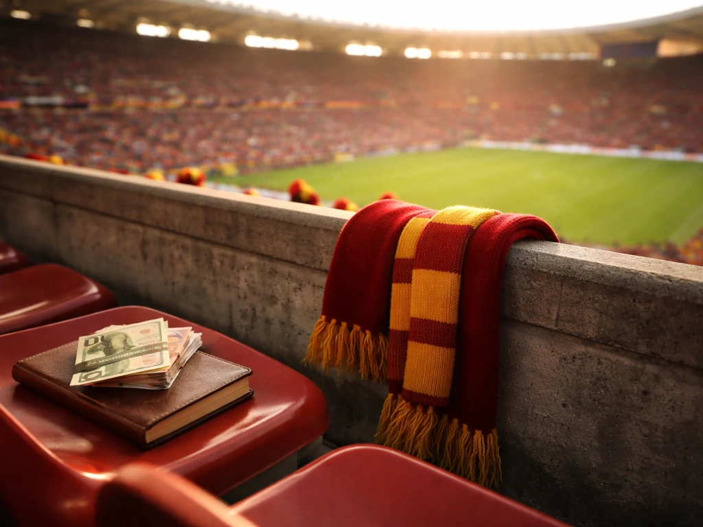 Roma matchday stadium scene with a red-and-gold scarf and euros on a seat, symbolizing contract earnings.
