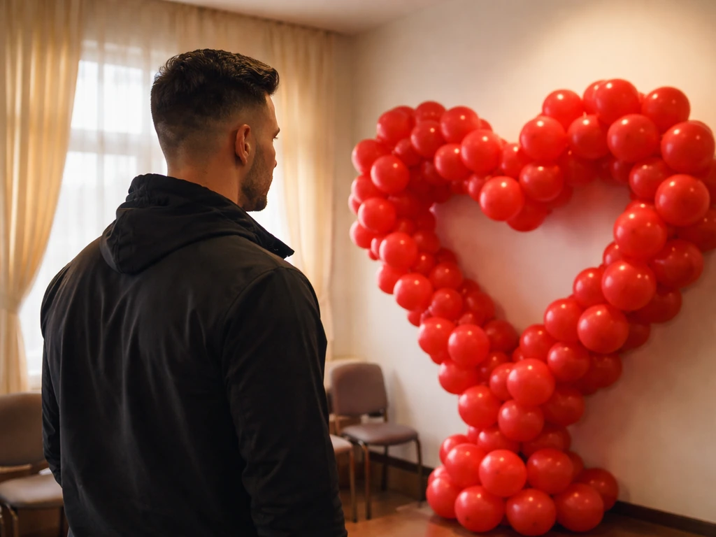 Anonymous sportsman-like man at a small indoor charity event beside red heart balloons
