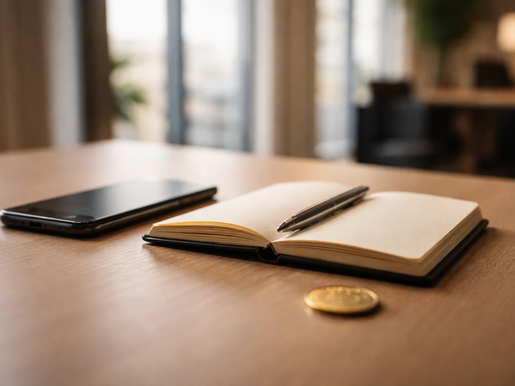 Close-up of a gold coin and a smartphone with a notebook on a desk, suggesting verifying net worth estimates.
