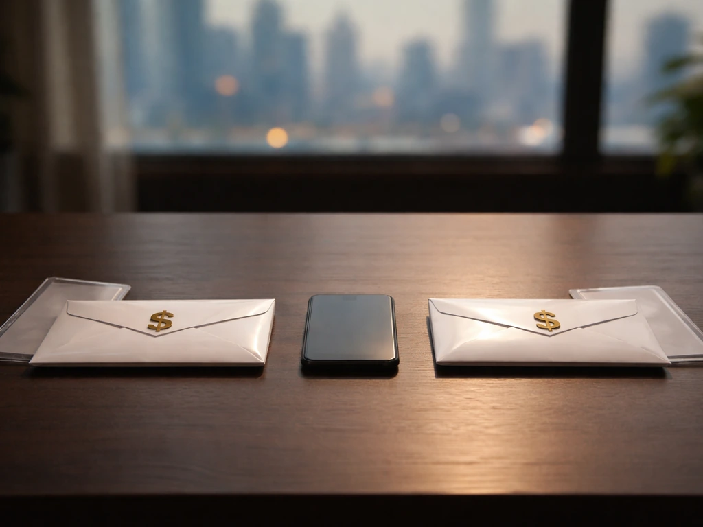 Two money envelopes and a dark smartphone on a desk, symbolizing a net worth estimate comparison.