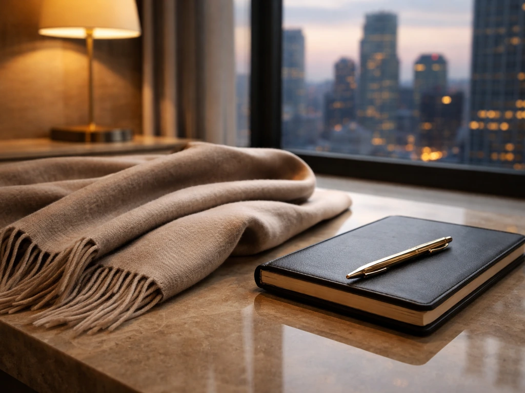 Luxury fashion creative workspace with cashmere fabric, a designer notebook, and a blurred city skyline at dusk.