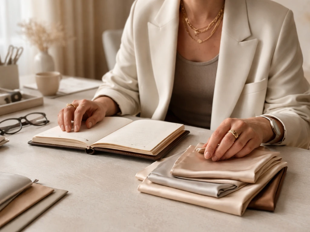Luxury fashion creative director at a minimalist studio desk with a leather notebook and fabric swatches