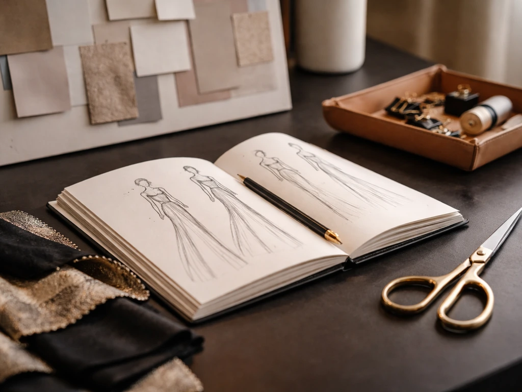 Close-up of a luxury fashion design desk with sketchbook, fabric swatches, and mood board papers.