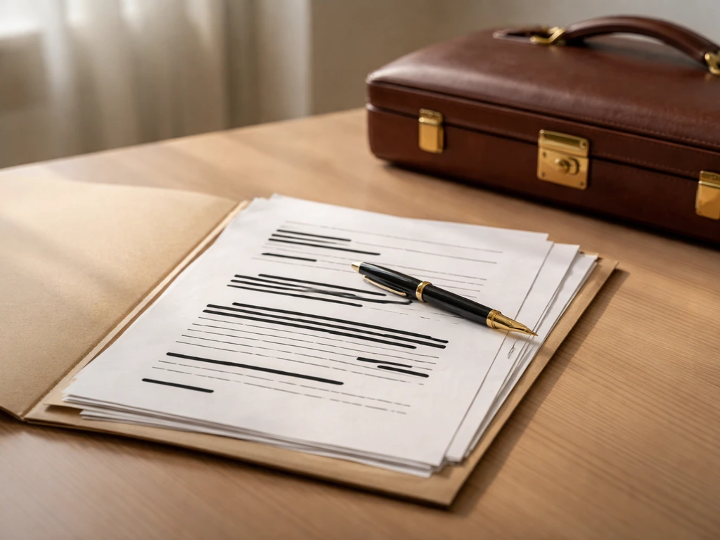Close-up of an unsigned contract folder on an office desk with a pen, redacted details, and a briefcase nearby.