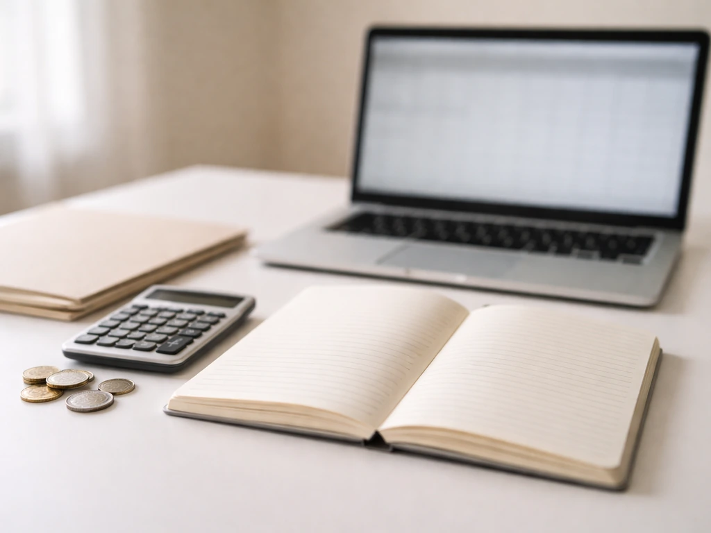 Minimal photo of a notebook, calculator, and laptop showing a careful money-estimation workflow