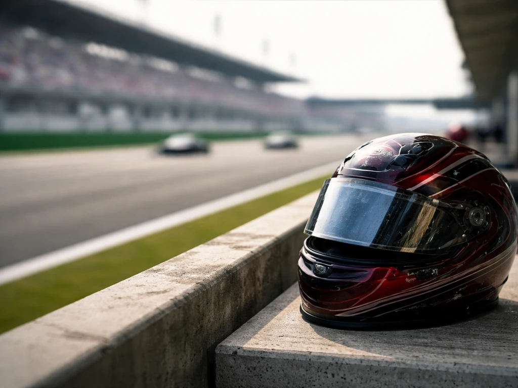 Minimal symbolic photo of wealth and media: blurred Grand Prix track with a racing helmet on the pit wall