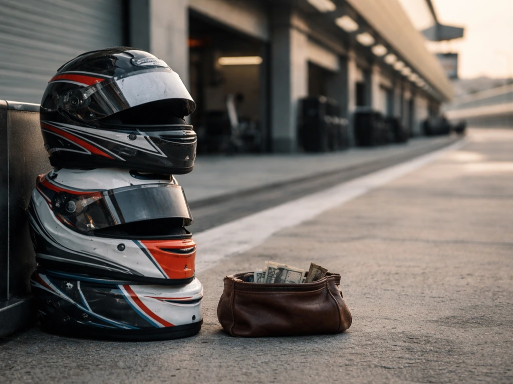 Empty Formula 1 pit lane at race weekend with stacked racing helmets and a money pouch nearby