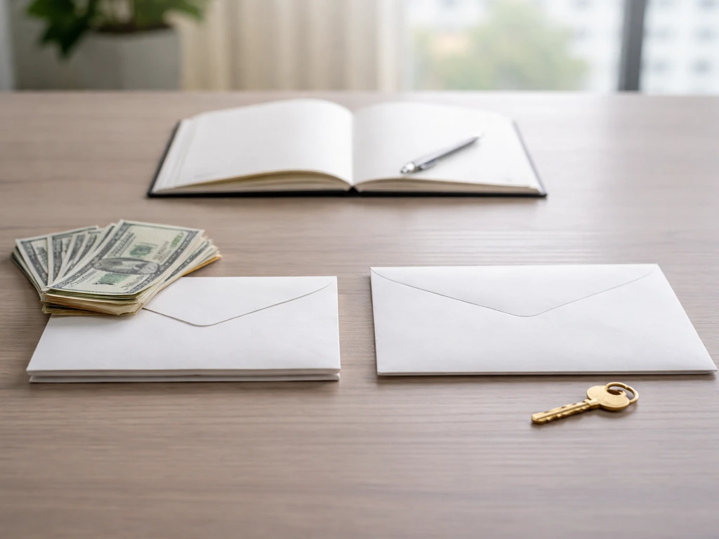 Minimal business desk scene with a notebook and two money envelopes symbolizing earnings vs net worth