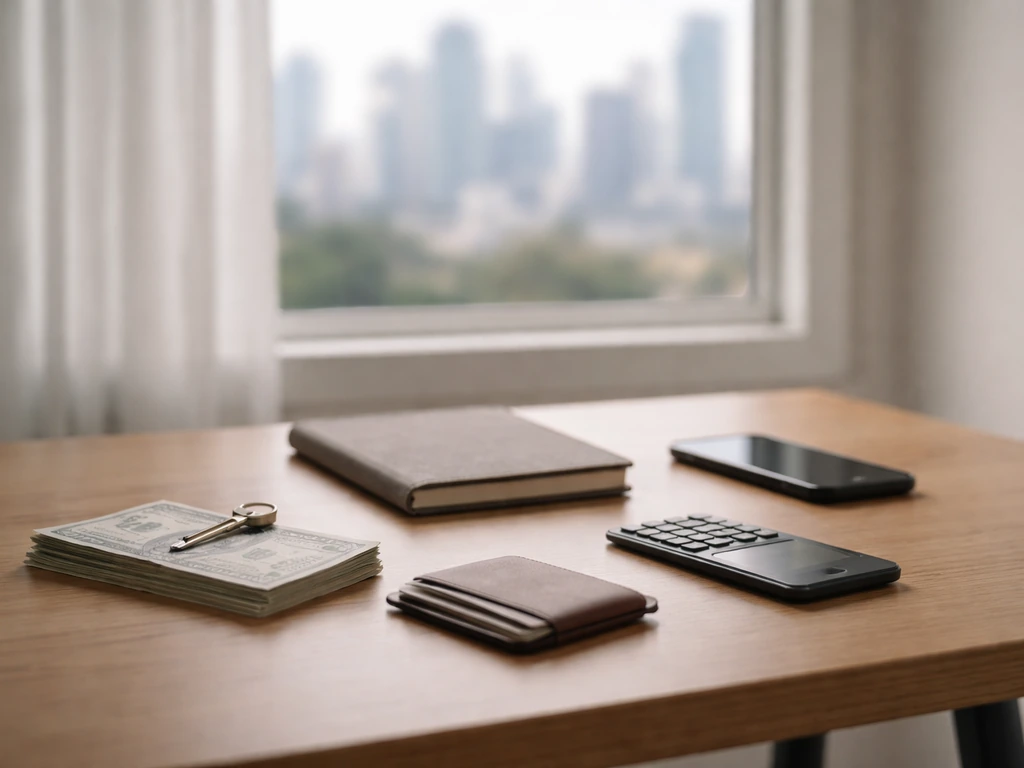 Minimal desk scene with scattered cash, a smartphone, and a calculator symbolizing net worth estimate categories