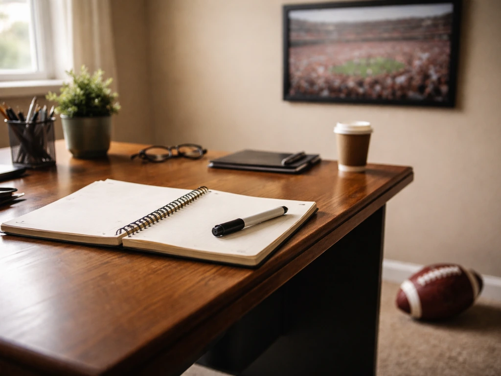Minimal coaching office desk with a football and notebook, symbolizing coaching career phases and earnings.