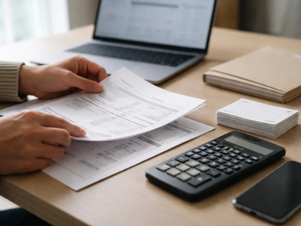 Close-up of hands reviewing anonymous finance documents and a calculator beside a laptop with stock-market ambience
