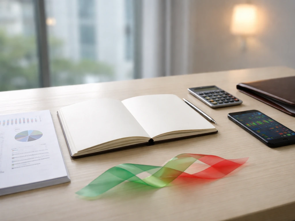 Minimal desk scene with stock/market symbolism: notebook, calculator, and blurred finance screens background