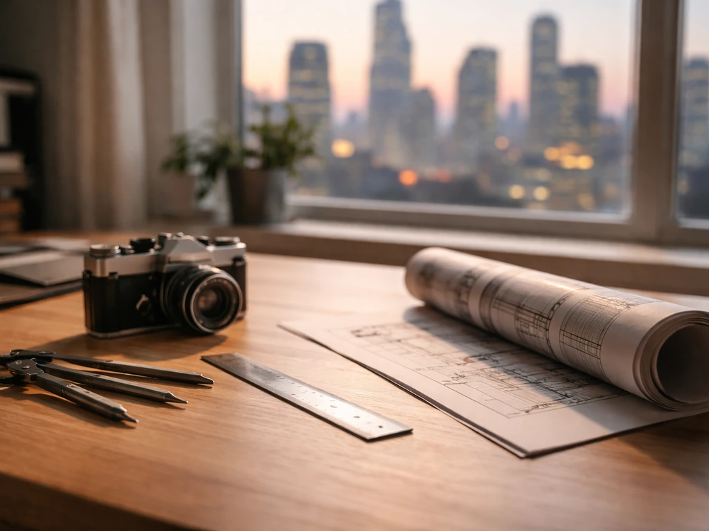 Minimal photo of a sleek designer workspace with drafting tools and a blurred city skyline, symbolizing legacy and wealt