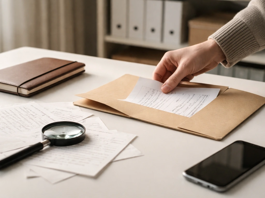 Anonymous research desk with folders, notes, and a magnifying glass suggesting building net worth estimates.
