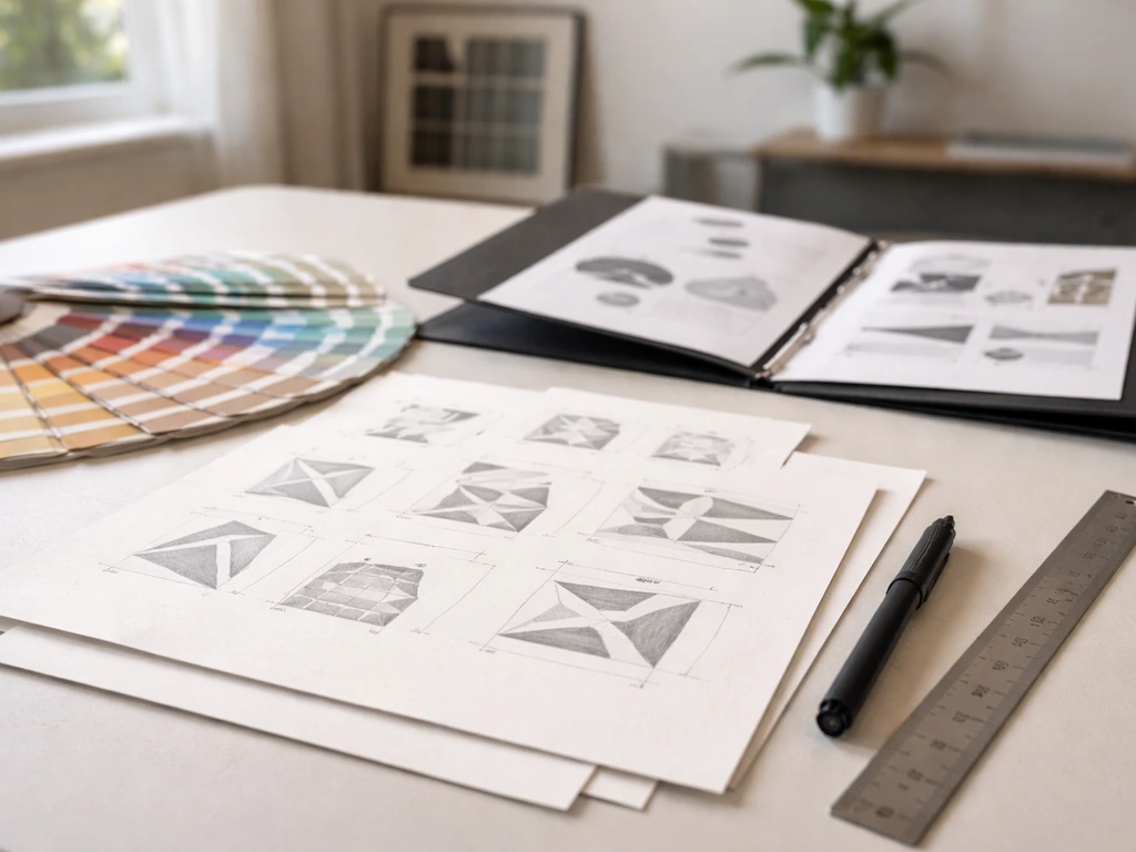 Workspace with corporate identity design materials, color swatches, and abstract layout sketches on a desk.