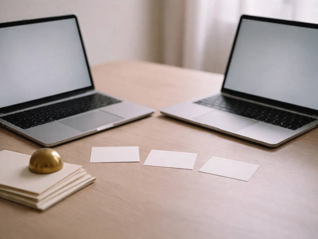 Minimal desk scene with two laptops and blank cards, symbolizing comparing differing financial estimates.