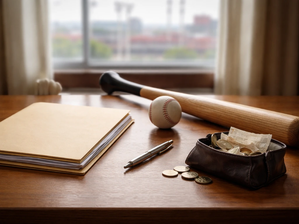 Wood desk with an anonymous baseball contract folder, bat, ball, and coins-like pouch suggesting salary and endorsements