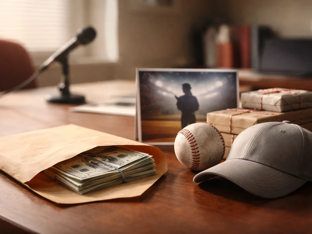 Minimal photo scene of baseball-themed sponsorship items and payment envelope on a desk