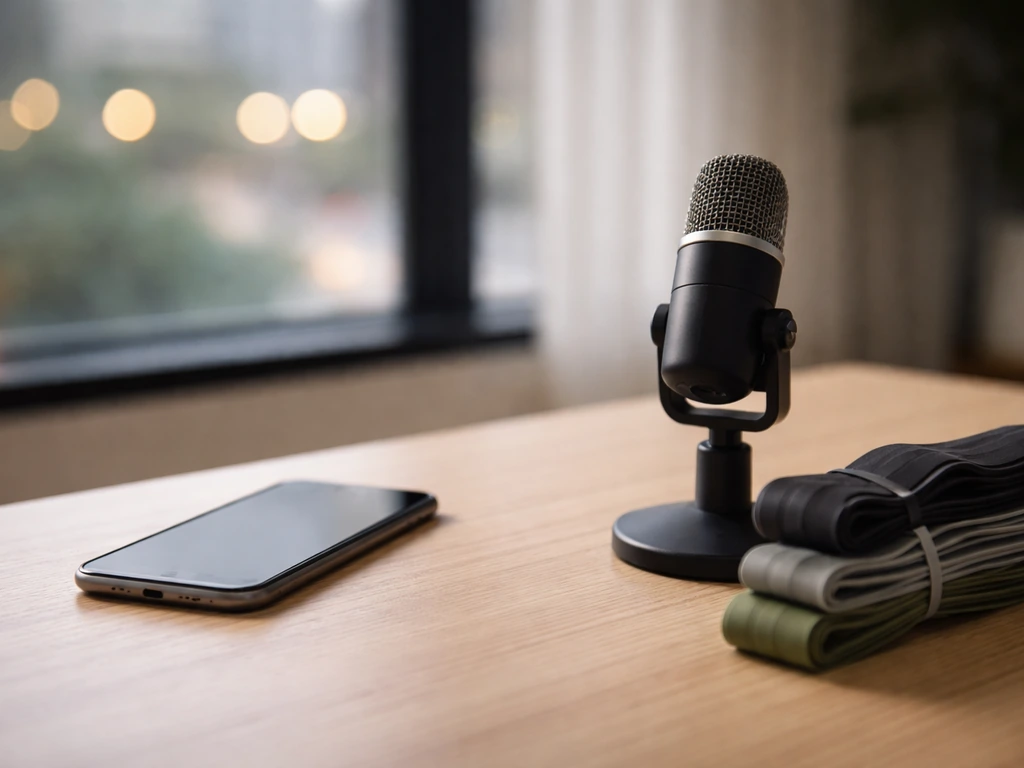 Minimal desk scene with a smartphone and fitness-themed items suggesting an anonymous lifestyle creator profile presence
