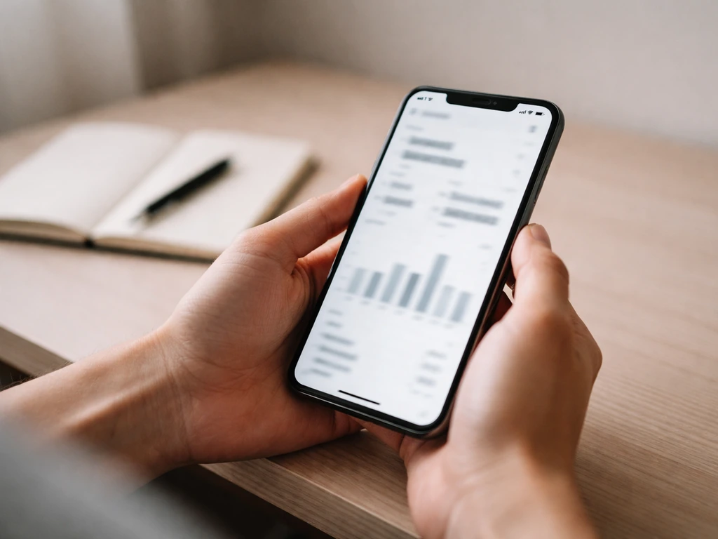 Anonymous hands holding a smartphone showing a blurred earnings webpage model on a desk.