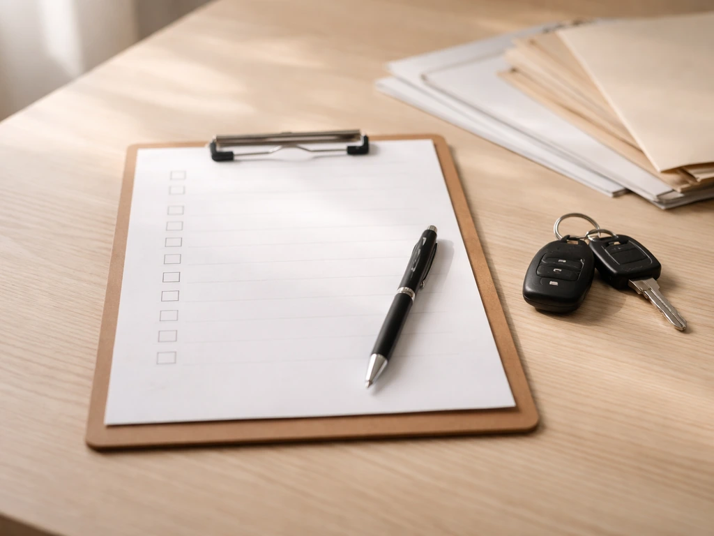 Minimal photo of a neat checklist on a clipboard with blurred property documents and keys nearby