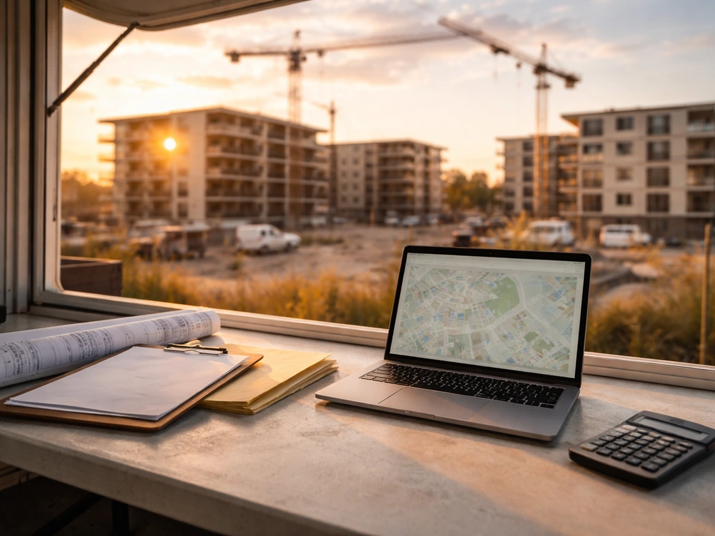 Construction site with modern multifamily skyline and office documents suggesting real-estate net worth research