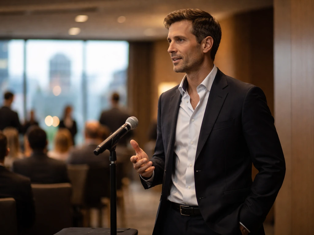Real estate executive in a modern conference venue with a city skyline view, speaking with an event microphone.