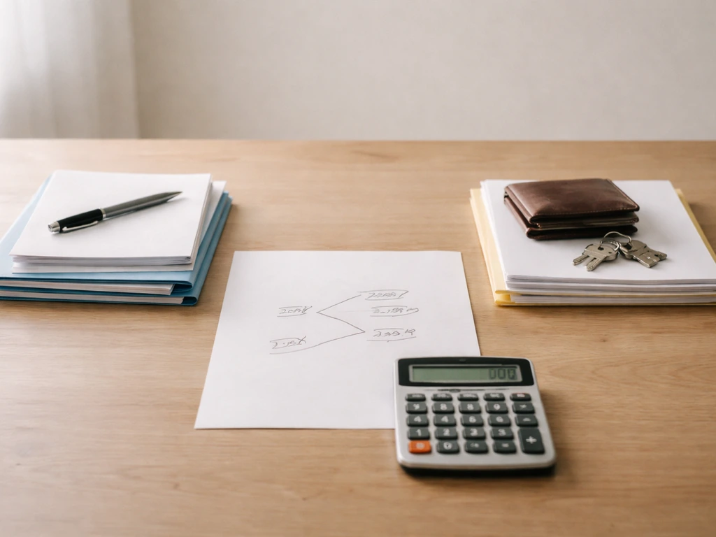 Minimal desk scene with documents, wallet, keys, and calculator suggesting income minus liabilities for net worth.