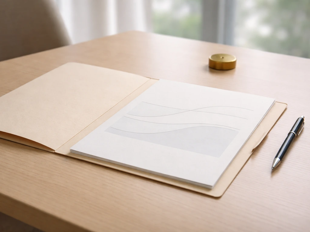 Unbranded executive folder and blank papers on a modern desk, with subtle abstract range lines for pay mechanics.
