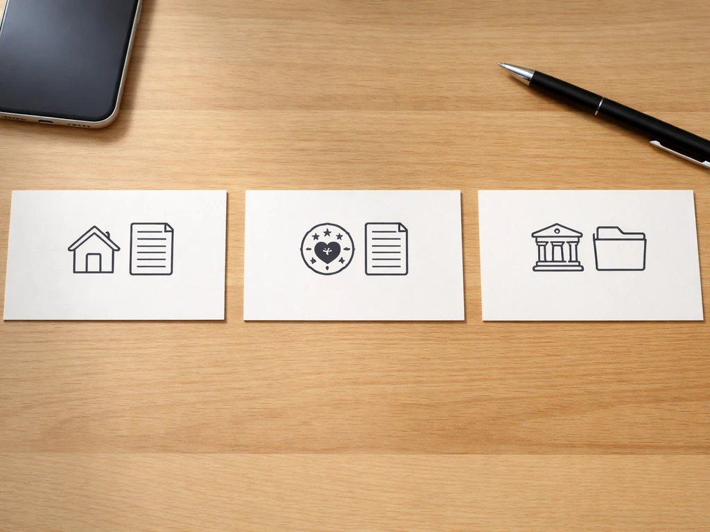 Minimal desk setup with three separate blank cards labeled by icons for property, nonprofit filings, and court records