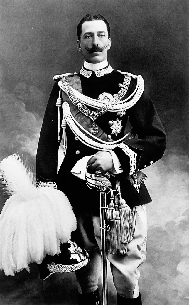 Black-and-white portrait photo of Vittorio Emanuele of Savoy in formal uniform