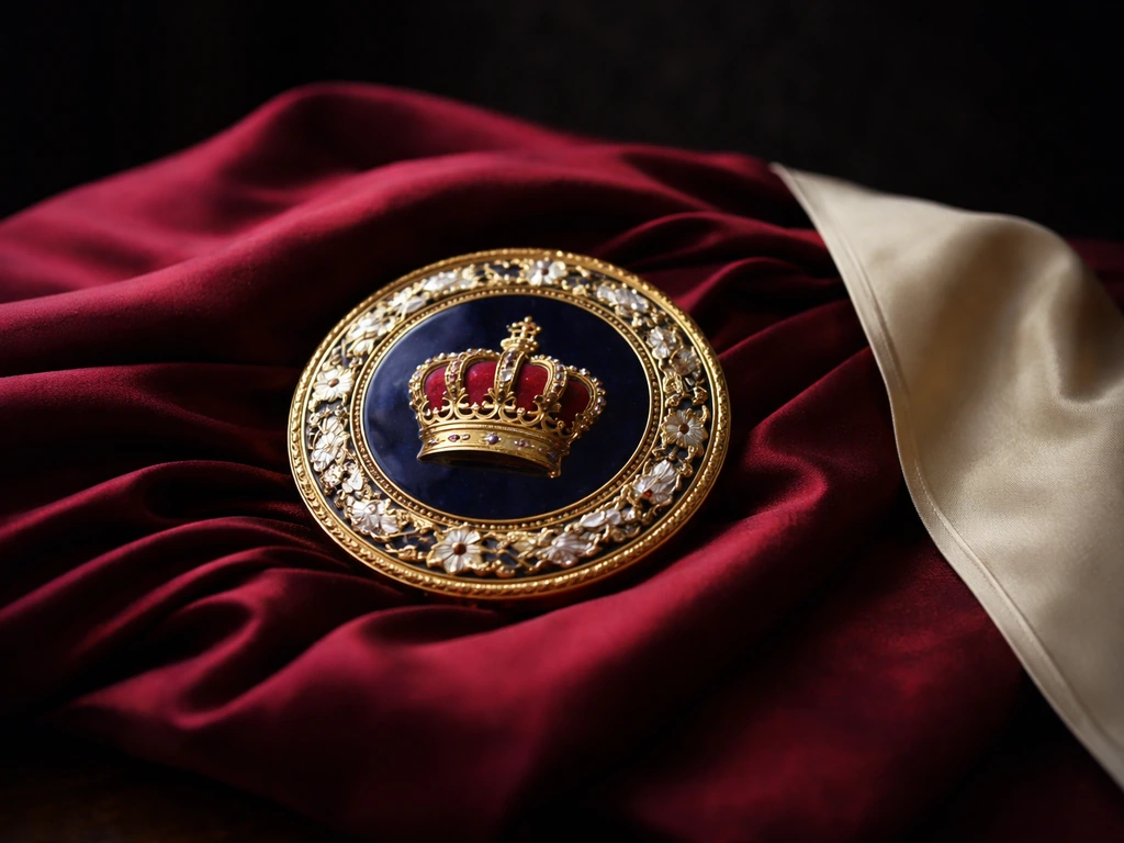 Minimal photo of an Italian royal seal-like crest and a silk sash on a dark velvet background.