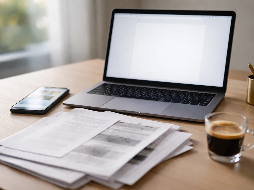 Close-up of an office desk with blurred phone news, legal-like papers, and an open laptop showing sources of money estim