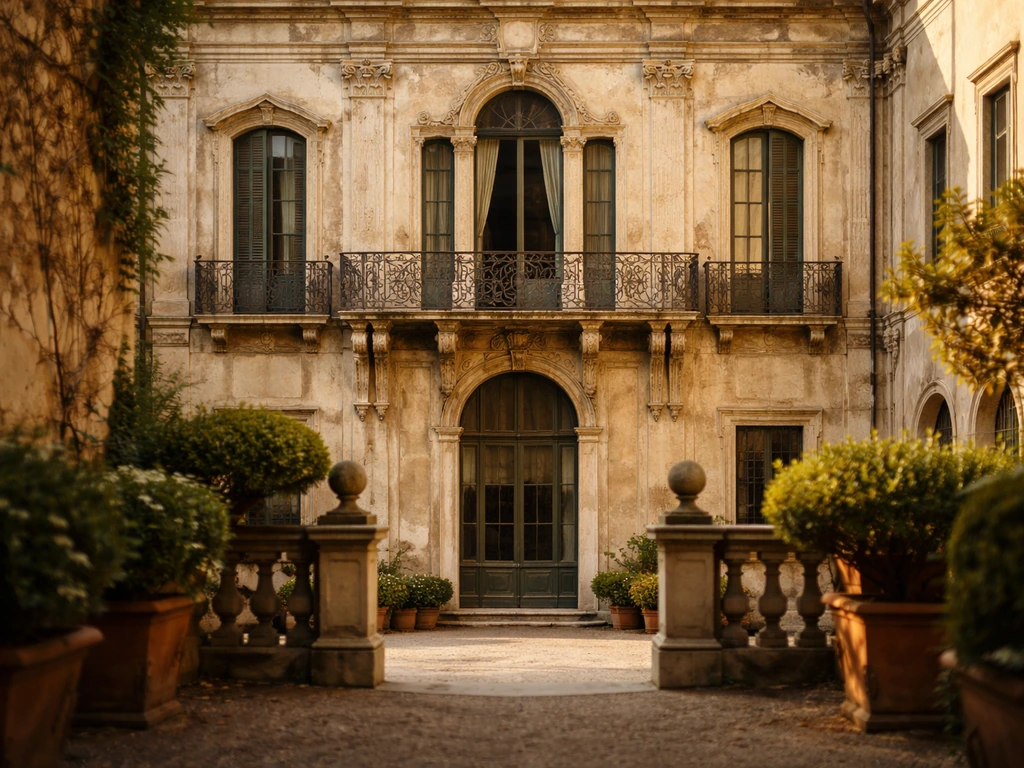 Historic Italian palazzo facade with ornate balcony and arched windows in natural light.