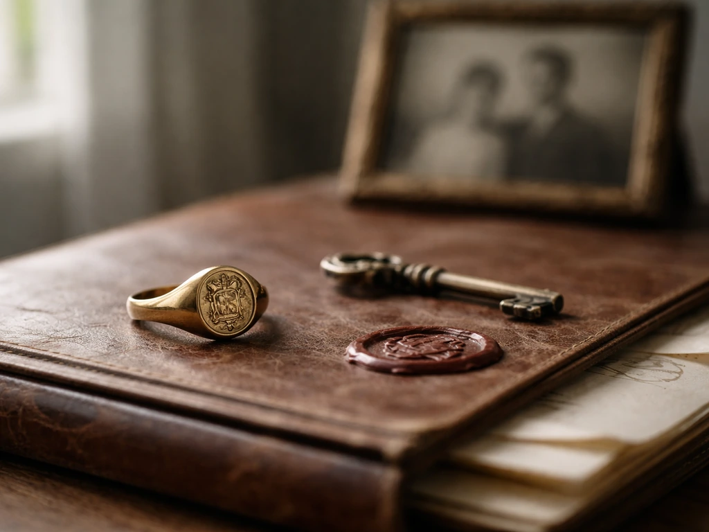 Antique ring, heirloom key, and wax-sealed document folder symbolizing inheritance transfer.