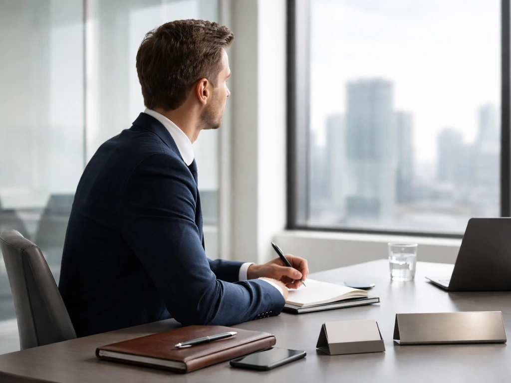 Anonymous management consultant in a modern office with skyline view, suit, pen and blank business items.