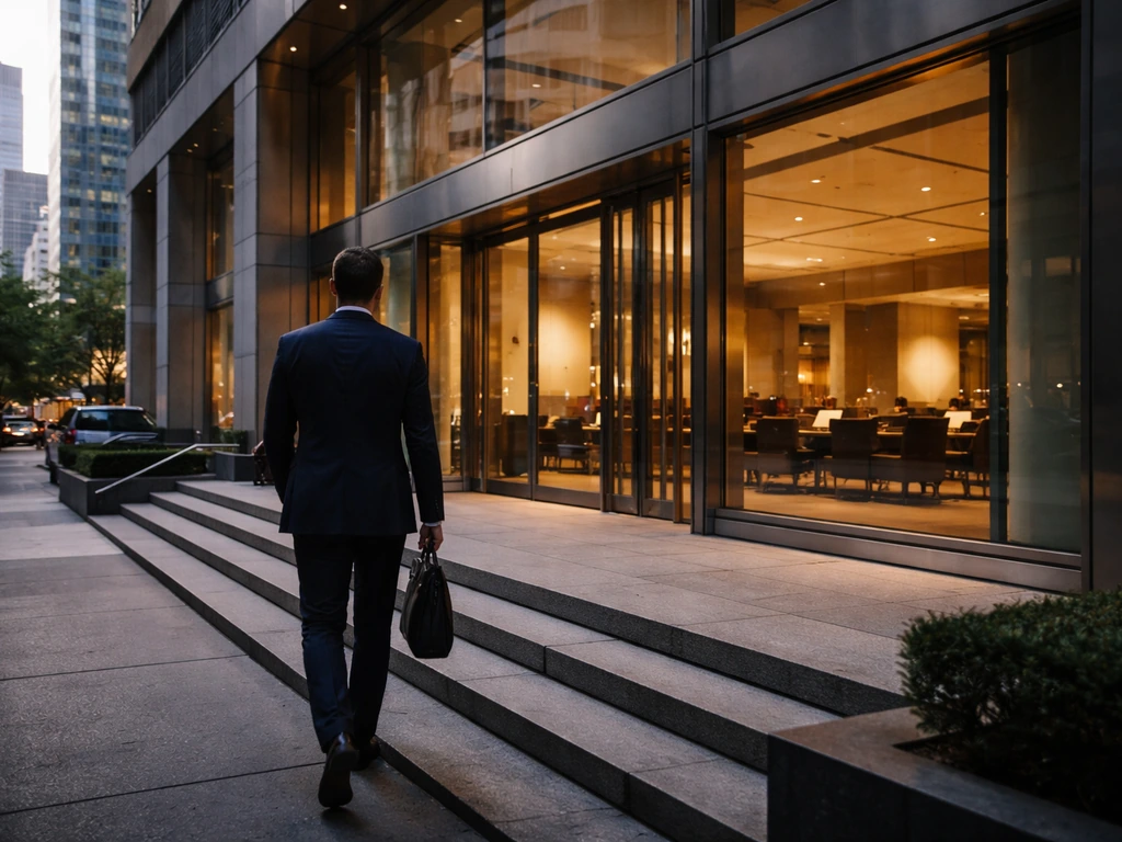 Anonymous professional walking toward a modern downtown headquarters building at golden hour.