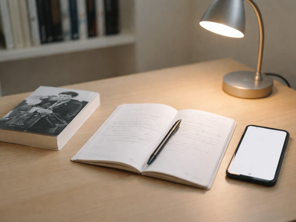 Anonymous desk with film biography and phone suggesting a research search for Alfred Leon Vitali identity
